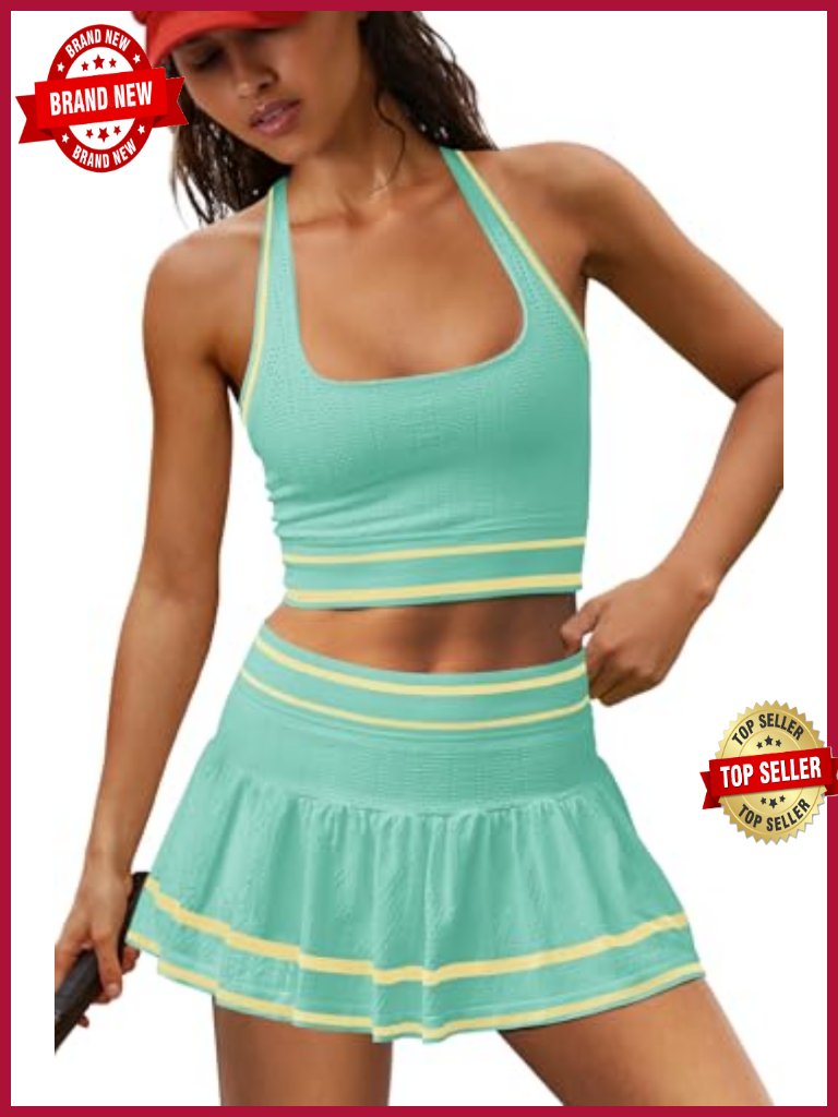 Tennis Skirt Set For Women 2 Piece Outfit Seamless Halter Top And Skort Skirt